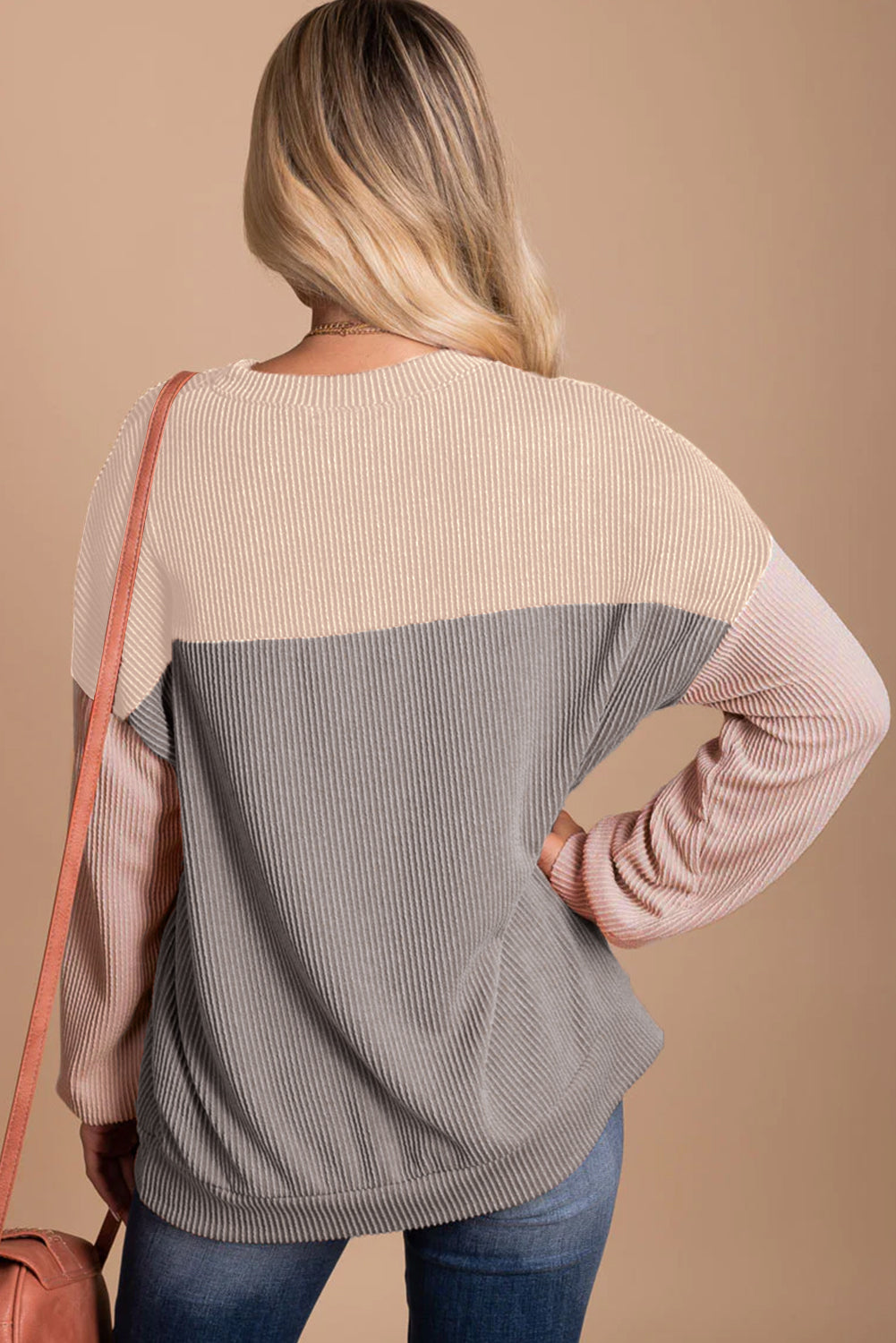 Multicolor Colorblock Ribbed Loose Long Sleeve Top Shewin