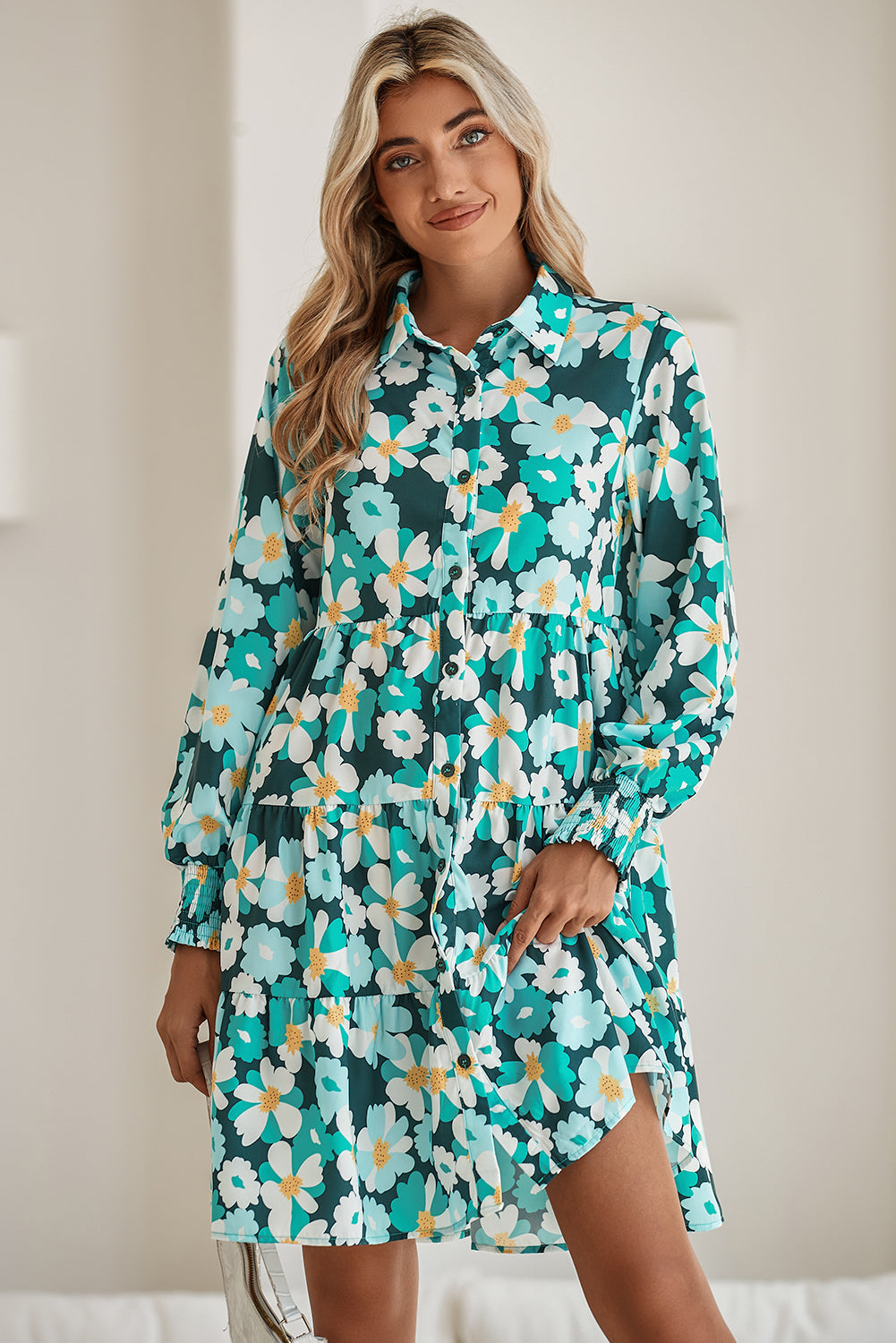 Blackish Green Flower Print Smocked Cuffs Tiered Mini Dress Shewin