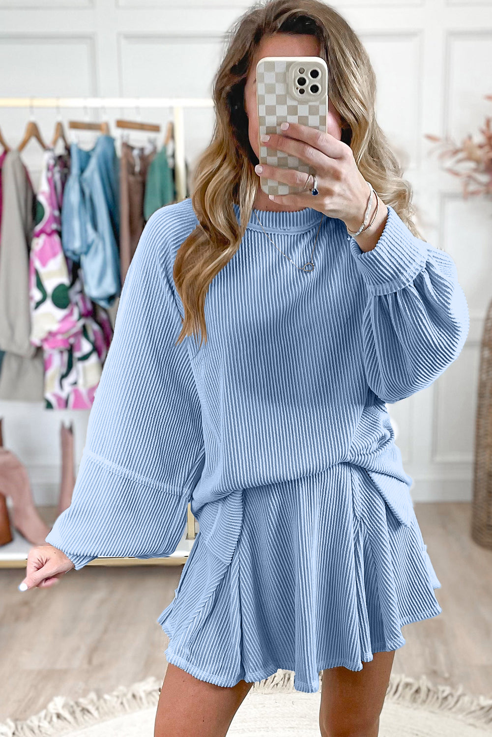 Sky Blue Corded Lantern Sleeve Pullover Ruffle Mini Skirt Set Shewin
