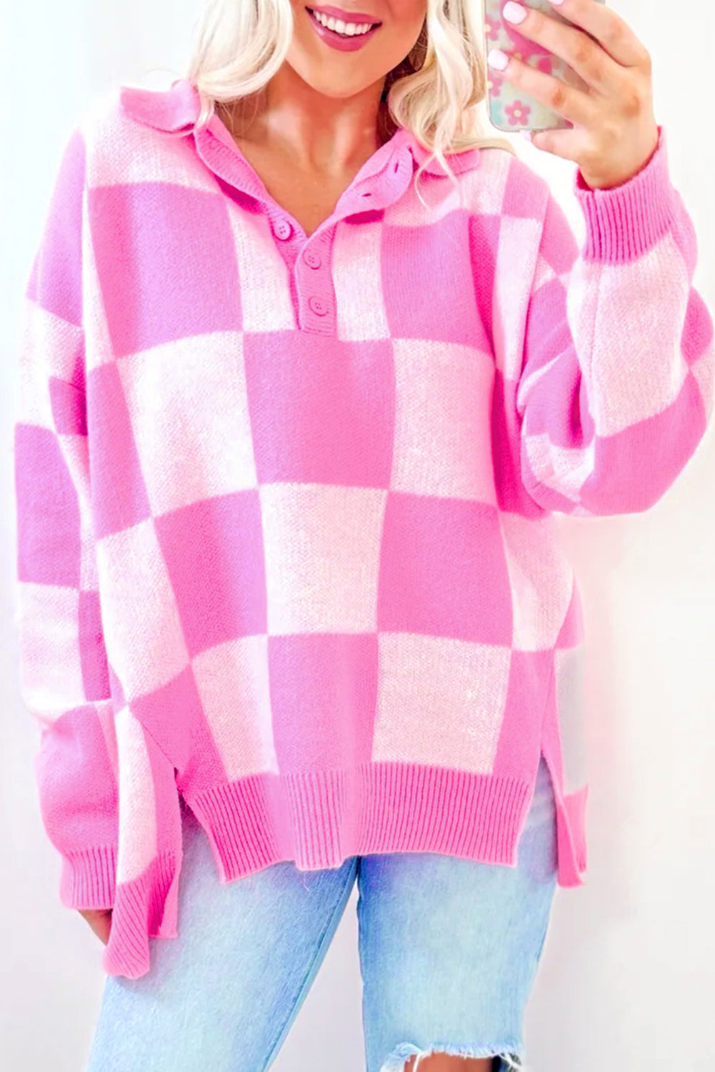 Pink Checkered Button Collared Sweater Shewin