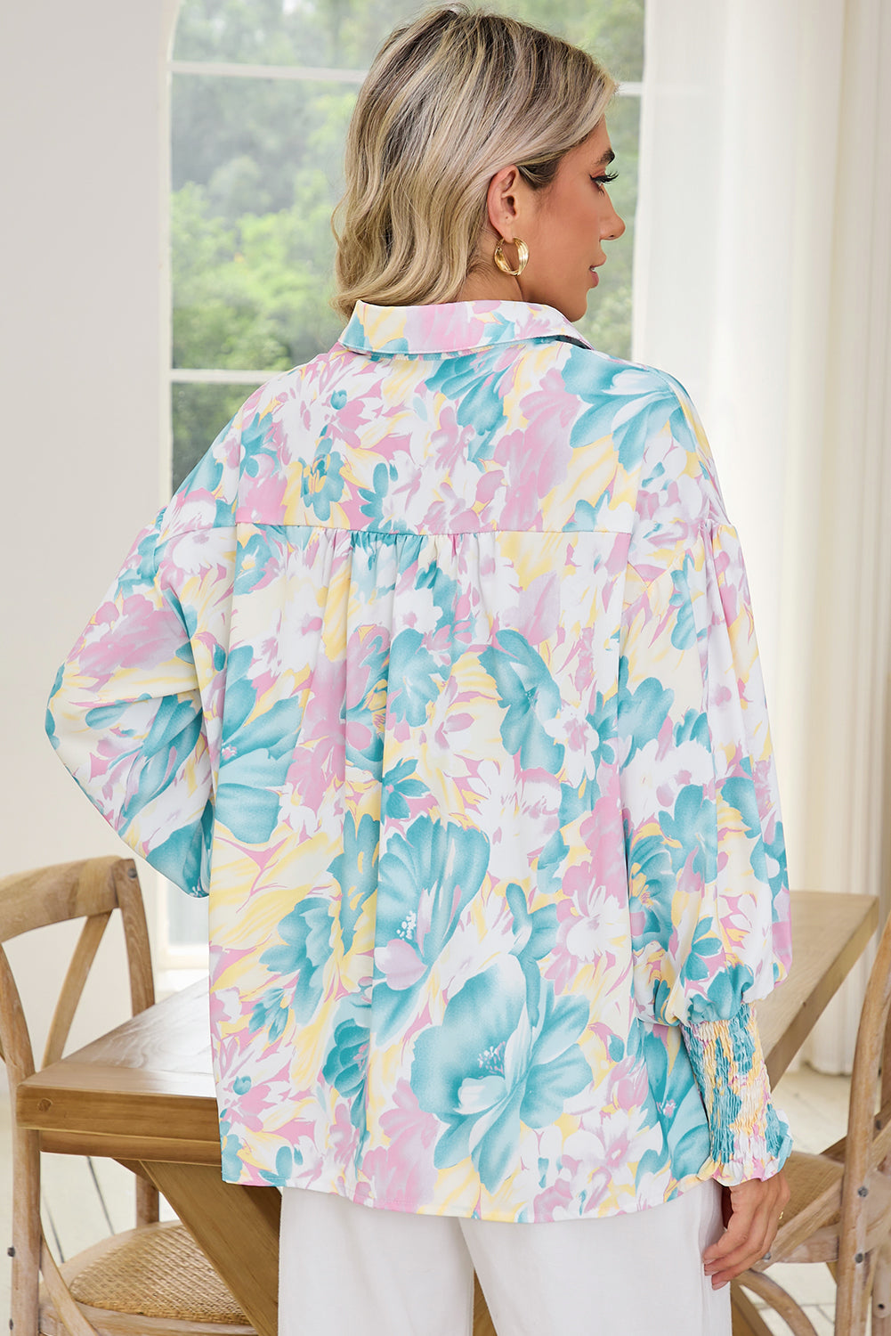 Yellow Floral Allover Print Shirred Cuff Oversized Shirt Shewin