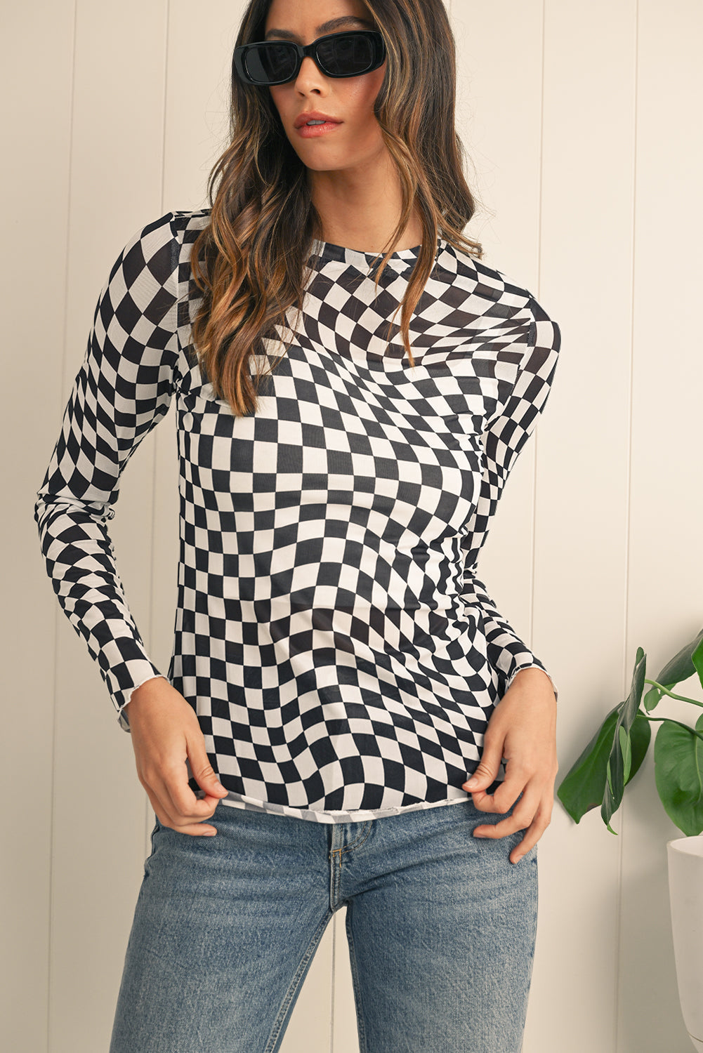 Black Checkered Pattern Mesh Long Sleeve Top Shewin