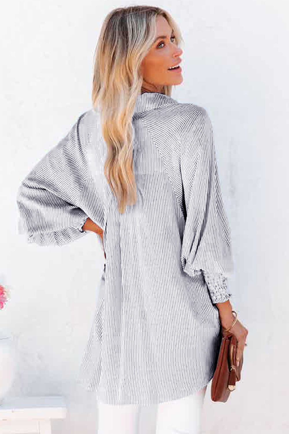 Black Striped Casual Shirred Cuffs Shirt Shewin