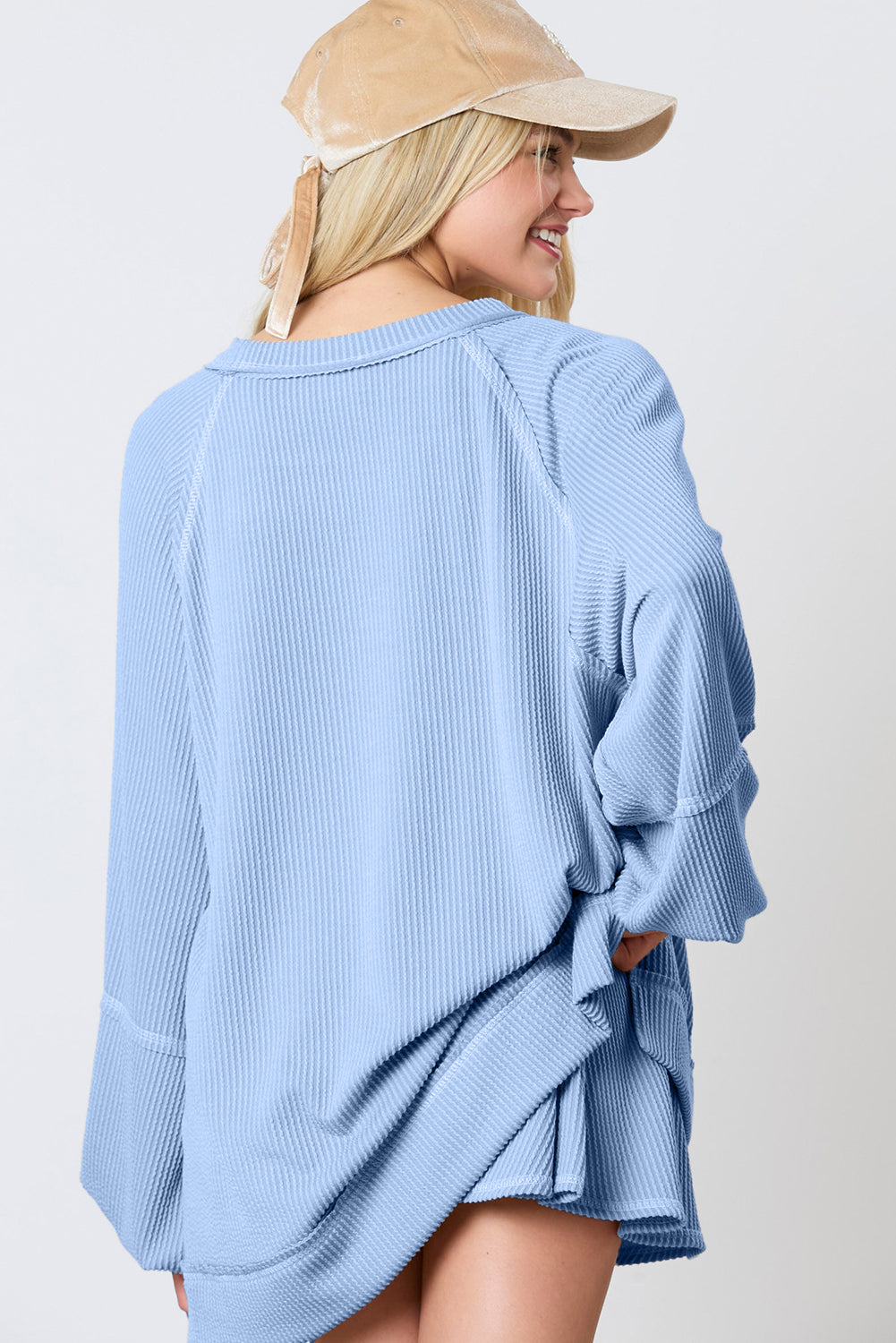 Sky Blue Corded Lantern Sleeve Pullover Ruffle Mini Skirt Set Shewin