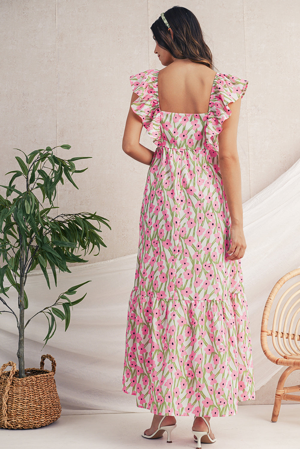 Pink Floral Print Square Neck Ruffled Strap Maxi Dress Shewin