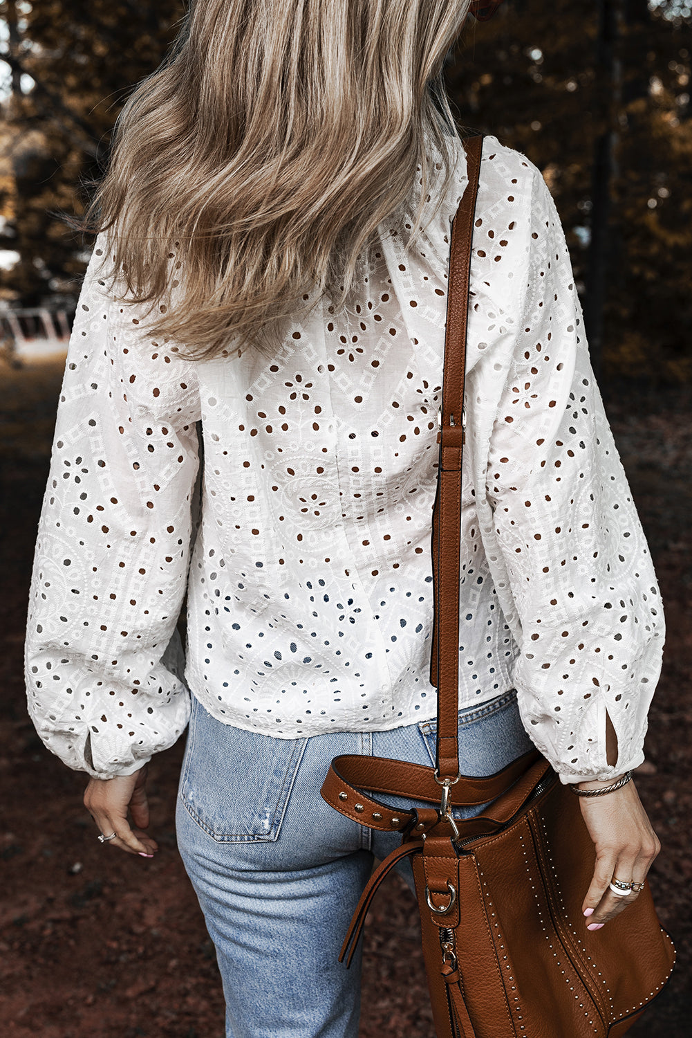 White Eyelet Embroidered Puff Sleeve V Neck Blouse Shewin