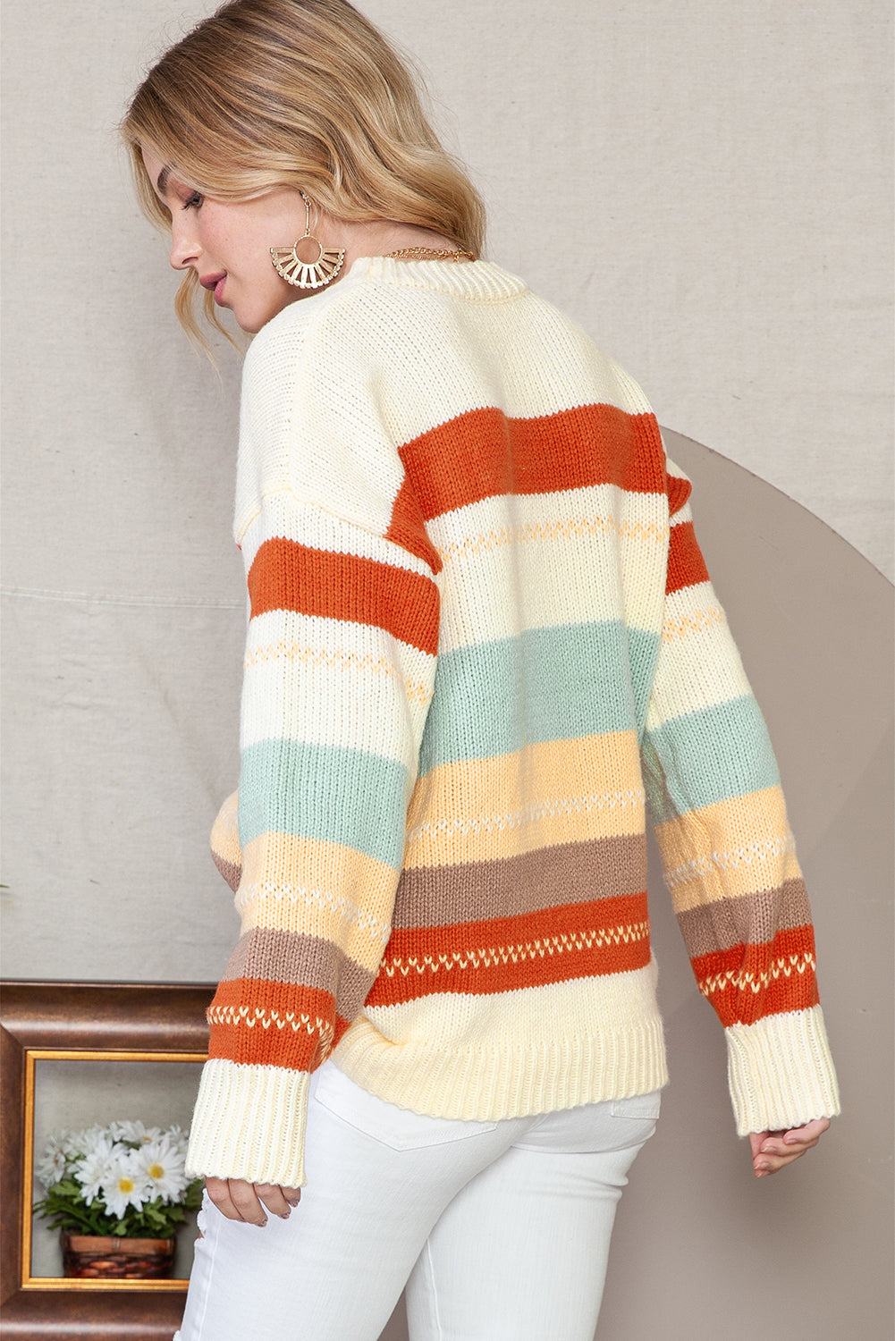 White Striped Color Block Drop Shoulder Knit Sweater Shewin
