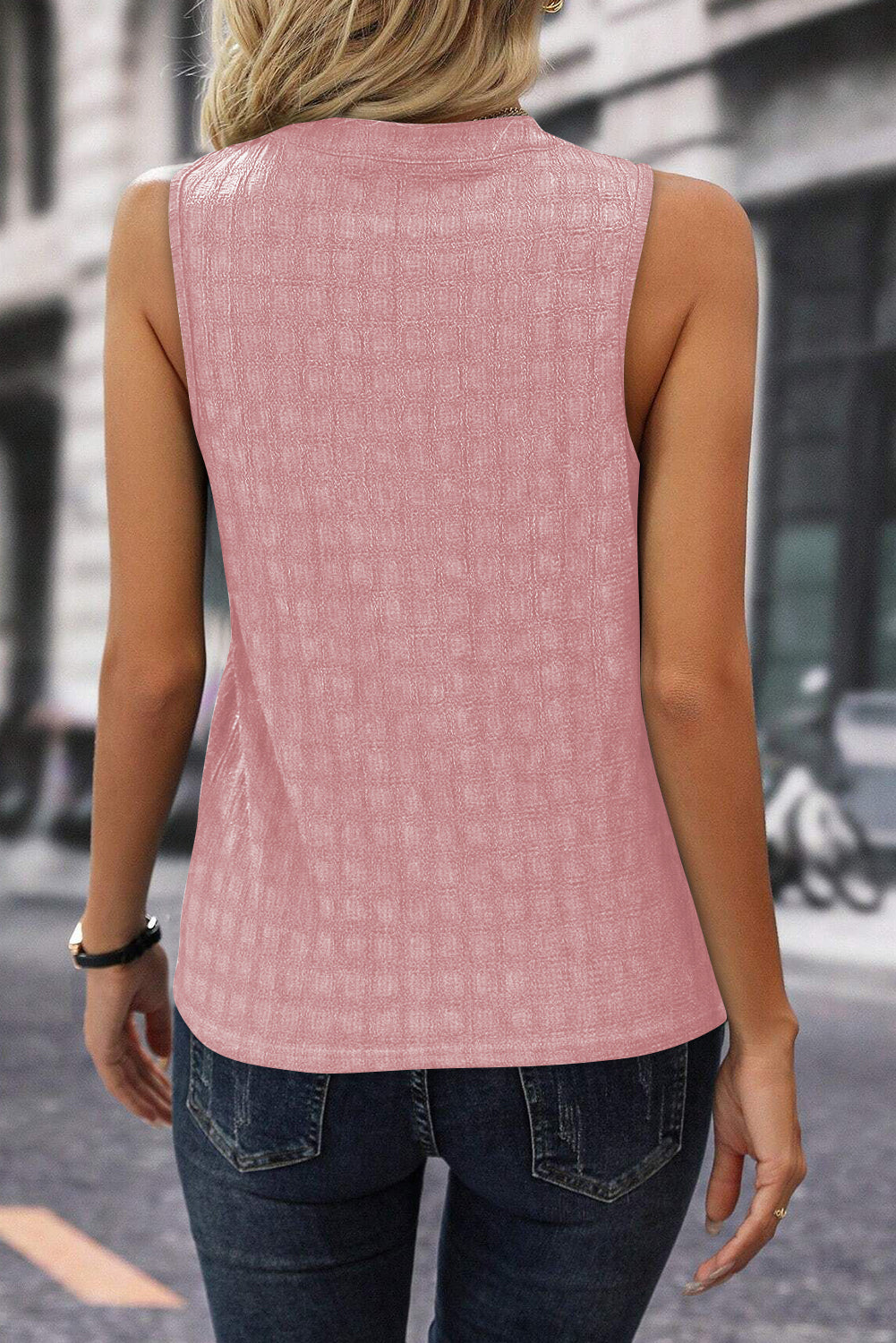 Pink Textured Split V Neck Sleeveless Shirt Shewin