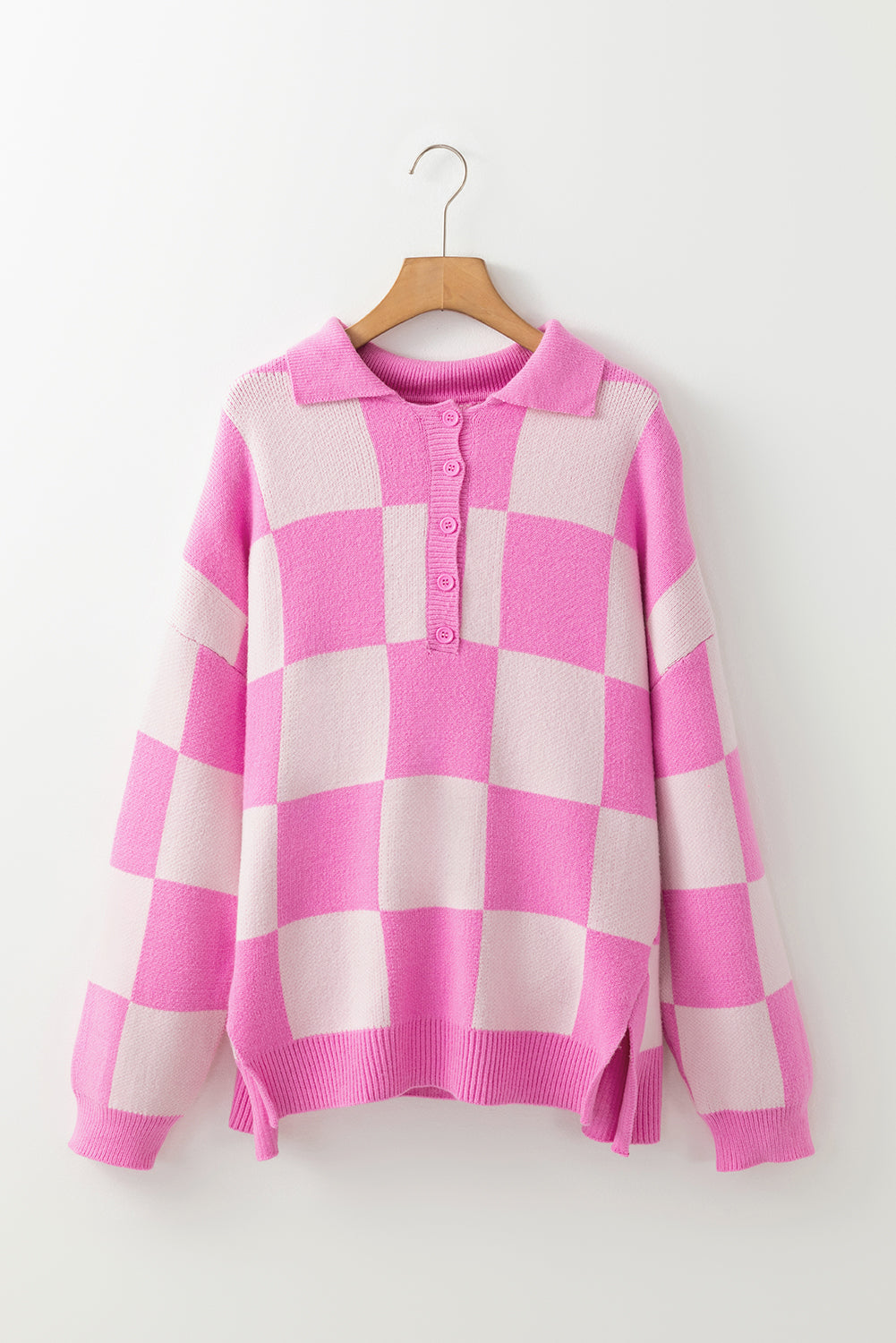 Pink Checkered Button Collared Sweater Shewin