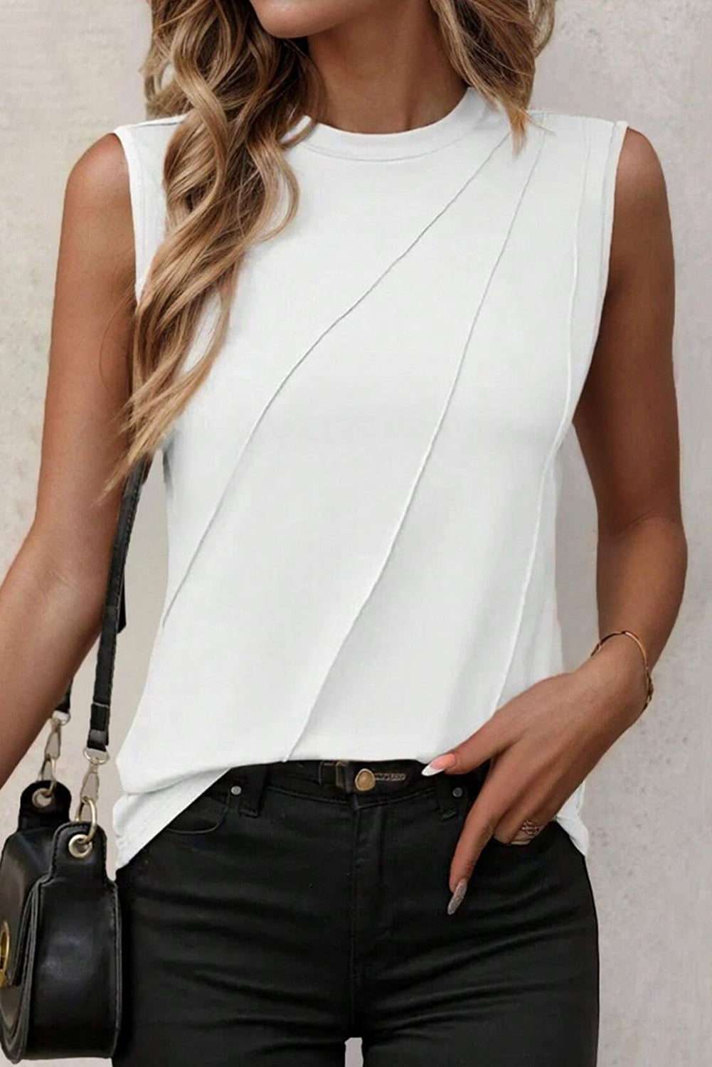 White Solid Color Crew Neck Pleated Tank Top Shewin
