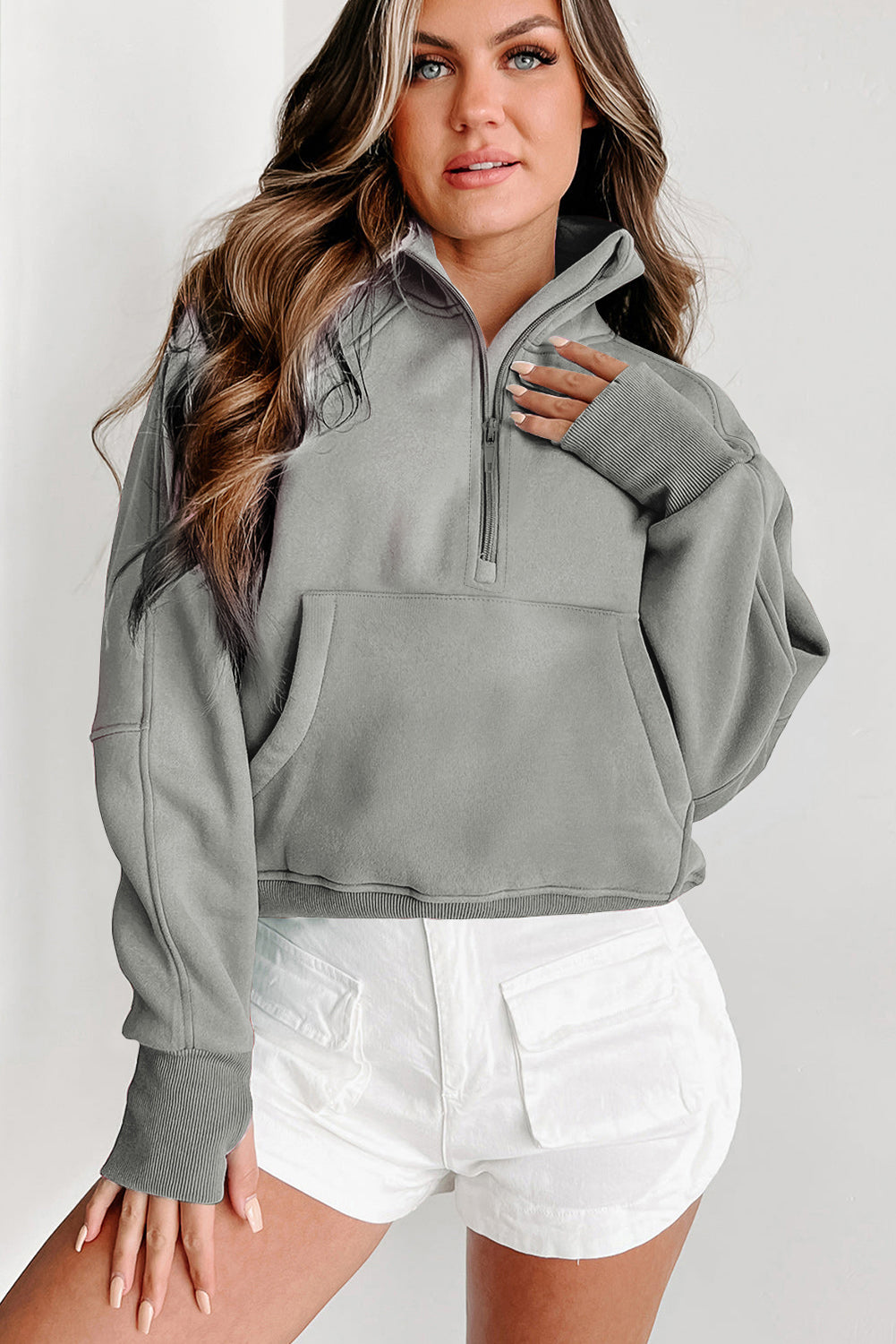 Gray Zip Up Stand Collar Ribbed Thumbhole Sleeve Sweatshirt Shewin
