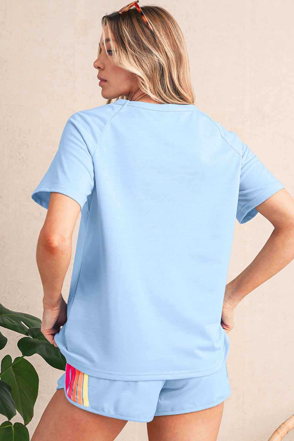 Beau Blue Colorful Striped Casual Tee Shewin