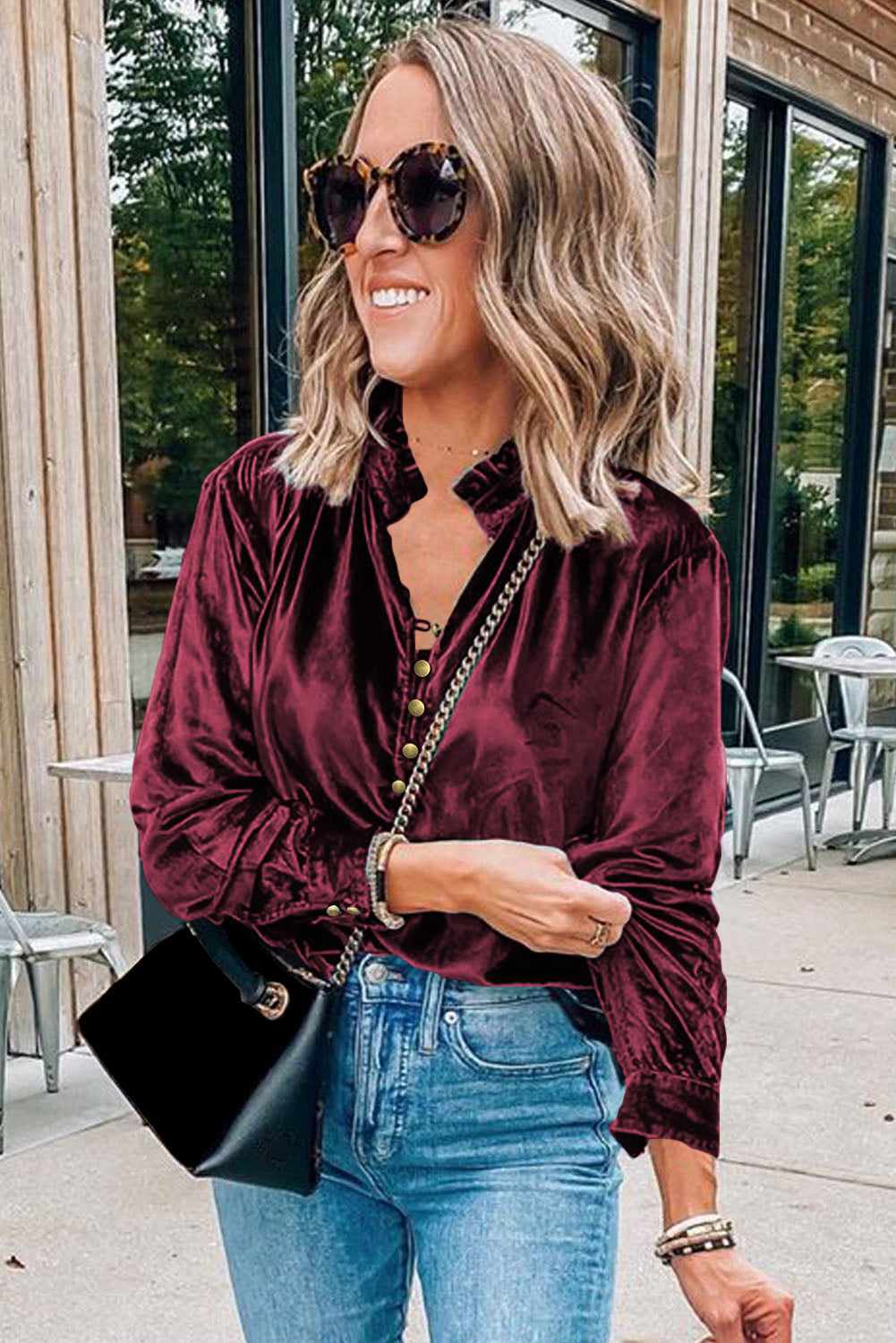 Red Frilled Buttoned V Neck Velvet Blouse Shewin