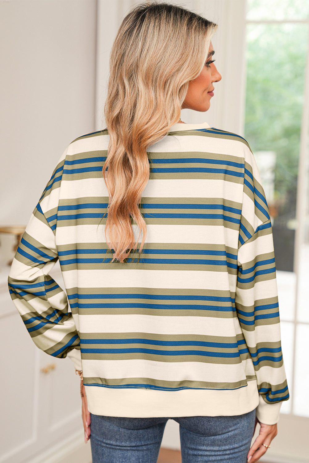 Khaki Striped Crew Neck Drop Shoulder Pullover Sweatshirt Shewin
