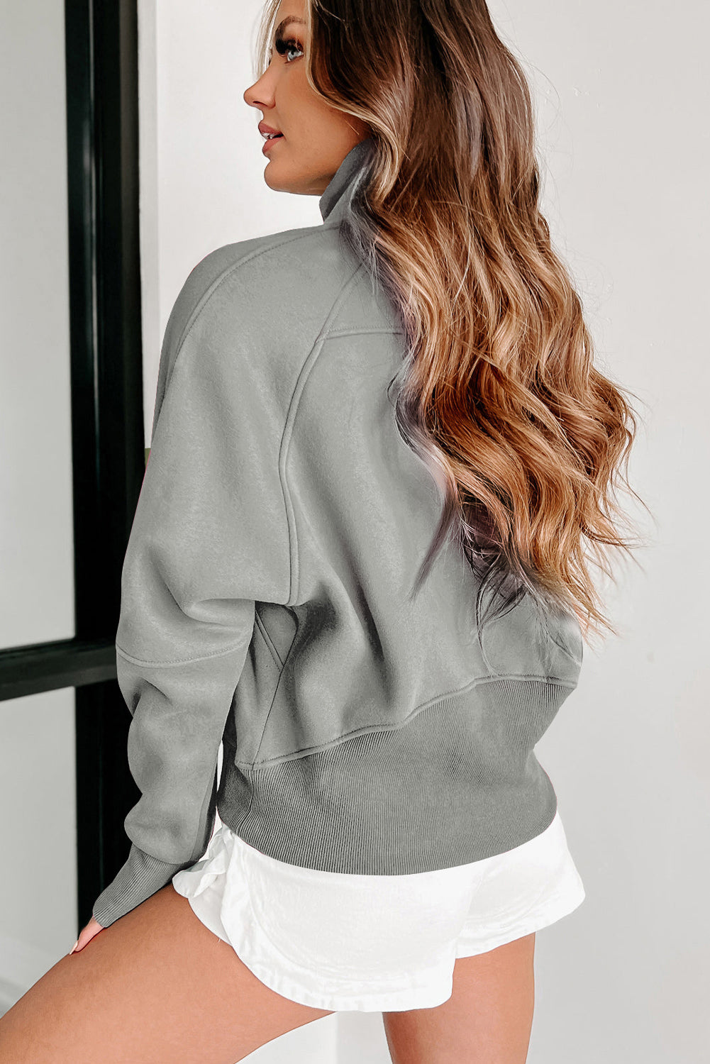 Gray Zip Up Stand Collar Ribbed Thumbhole Sleeve Sweatshirt Shewin