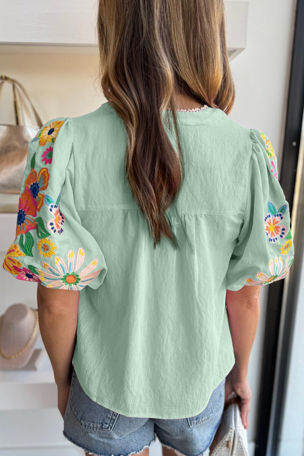 Clearly Aqua Floral Embroidered Puff Sleeve Split Neck Blouse Shewin