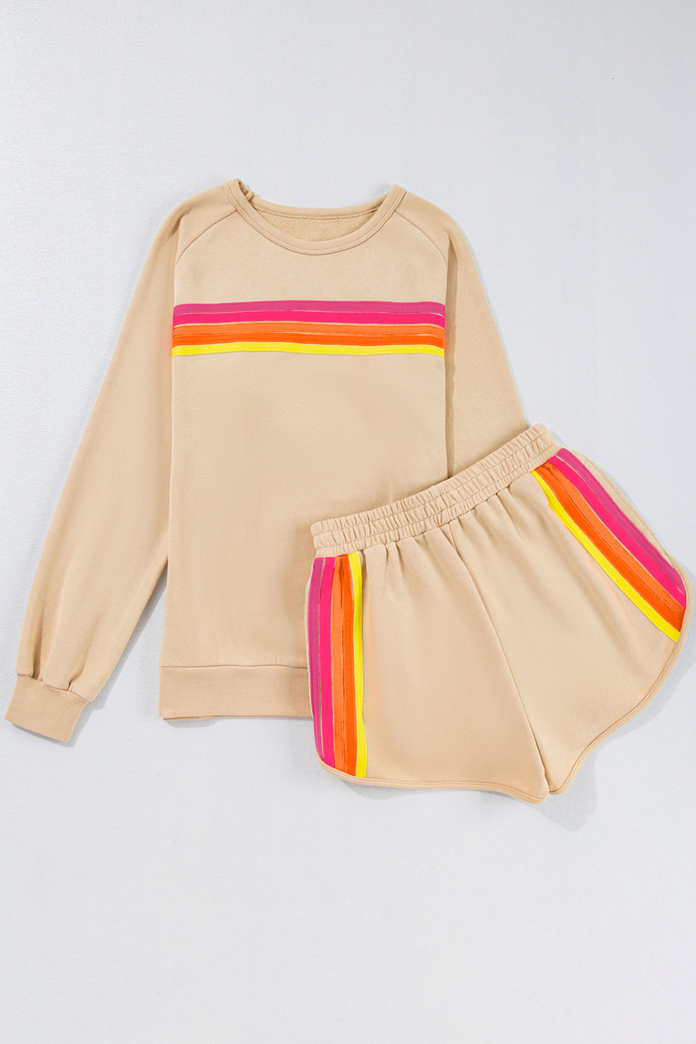 Apricot Colorful Striped Long Sleeve Pullover and Shorts Set Shewin