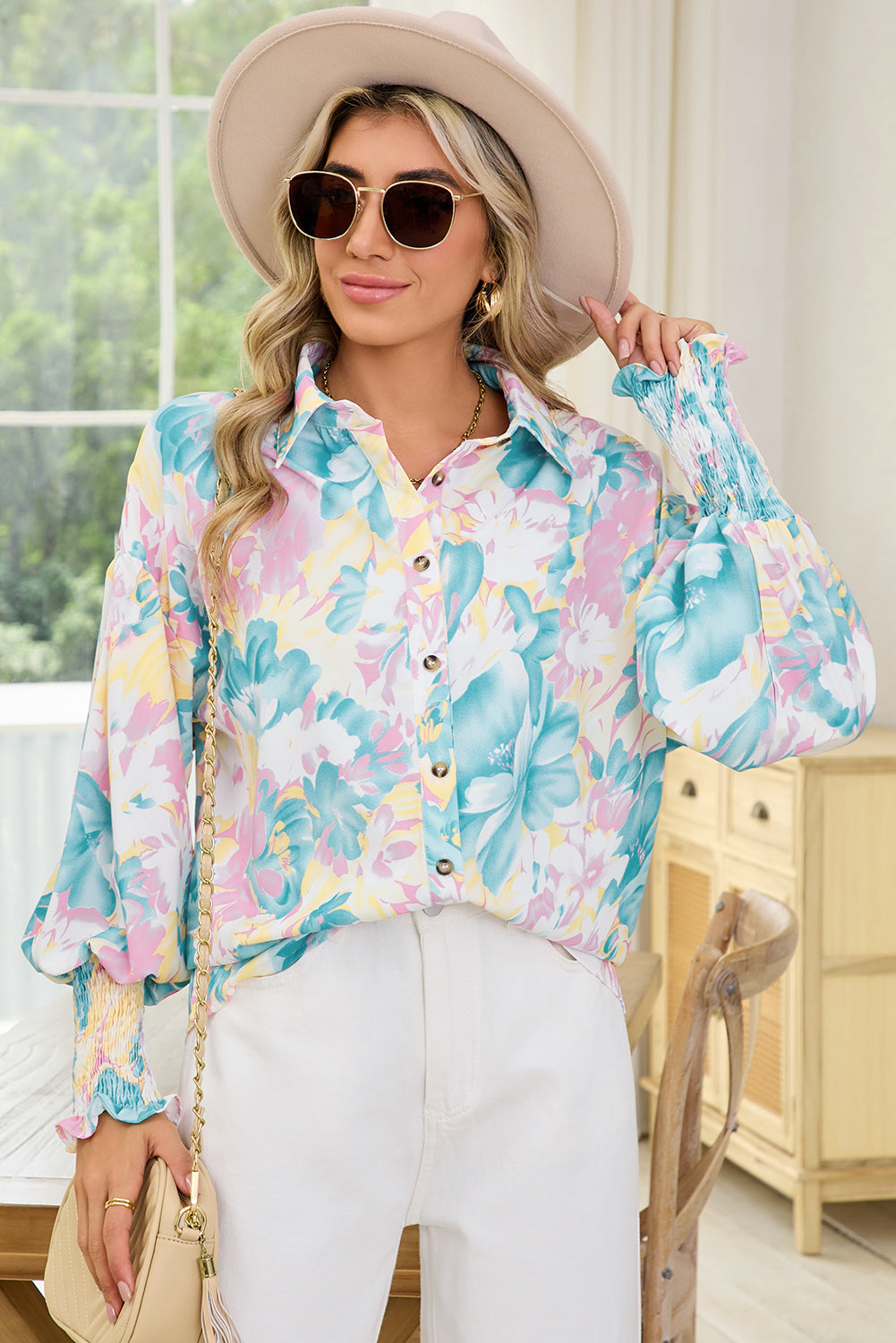 Yellow Floral Allover Print Shirred Cuff Oversized Shirt Shewin