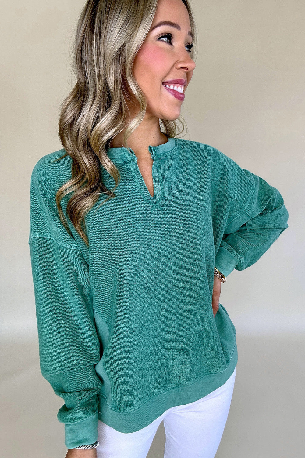 Skobeloff Notched Neck Exposed Seam Drop Shoulder Sweatshirt Shewin