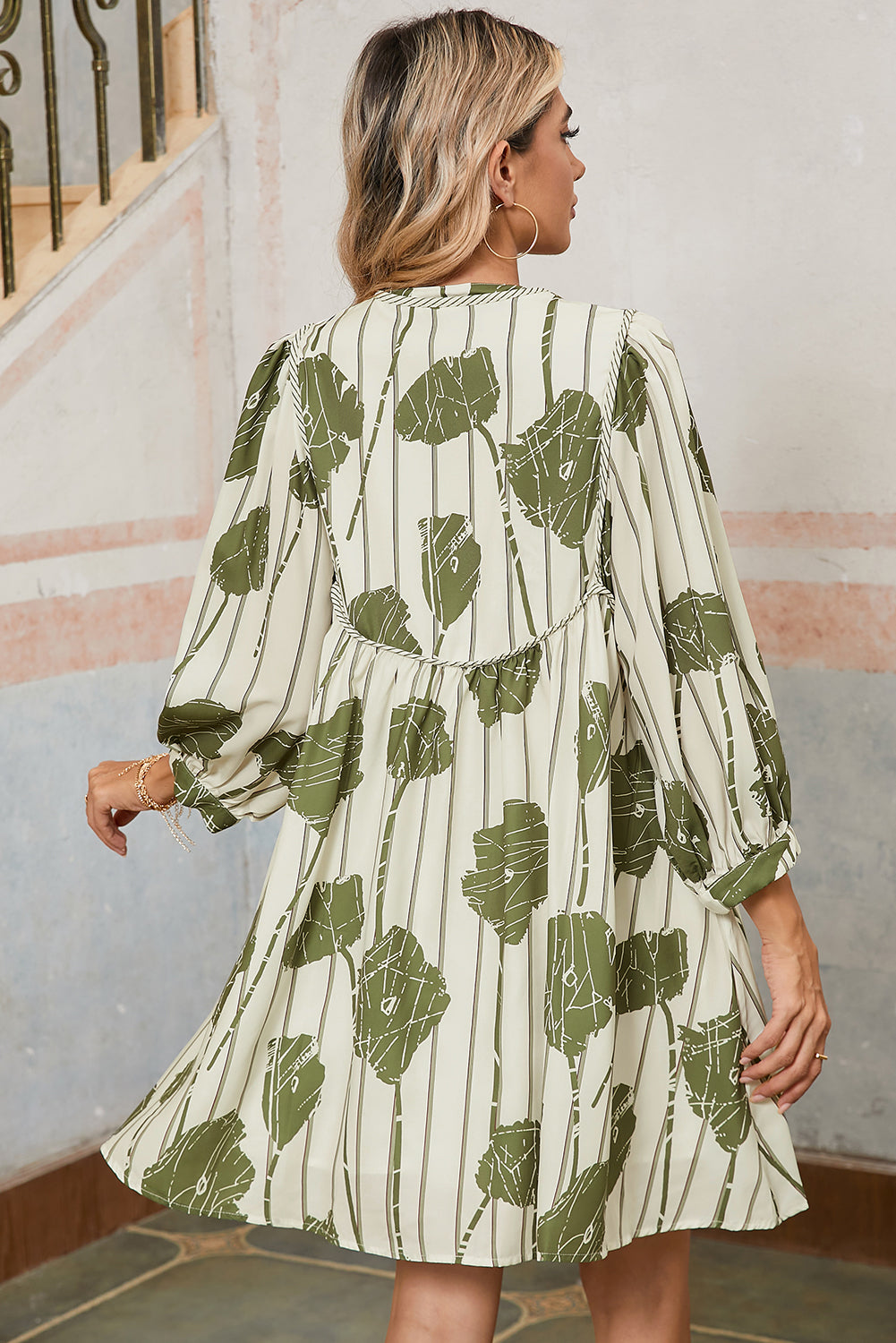 Guacamole Green Abstract Print Striped V-Neck Mini Dress Shewin