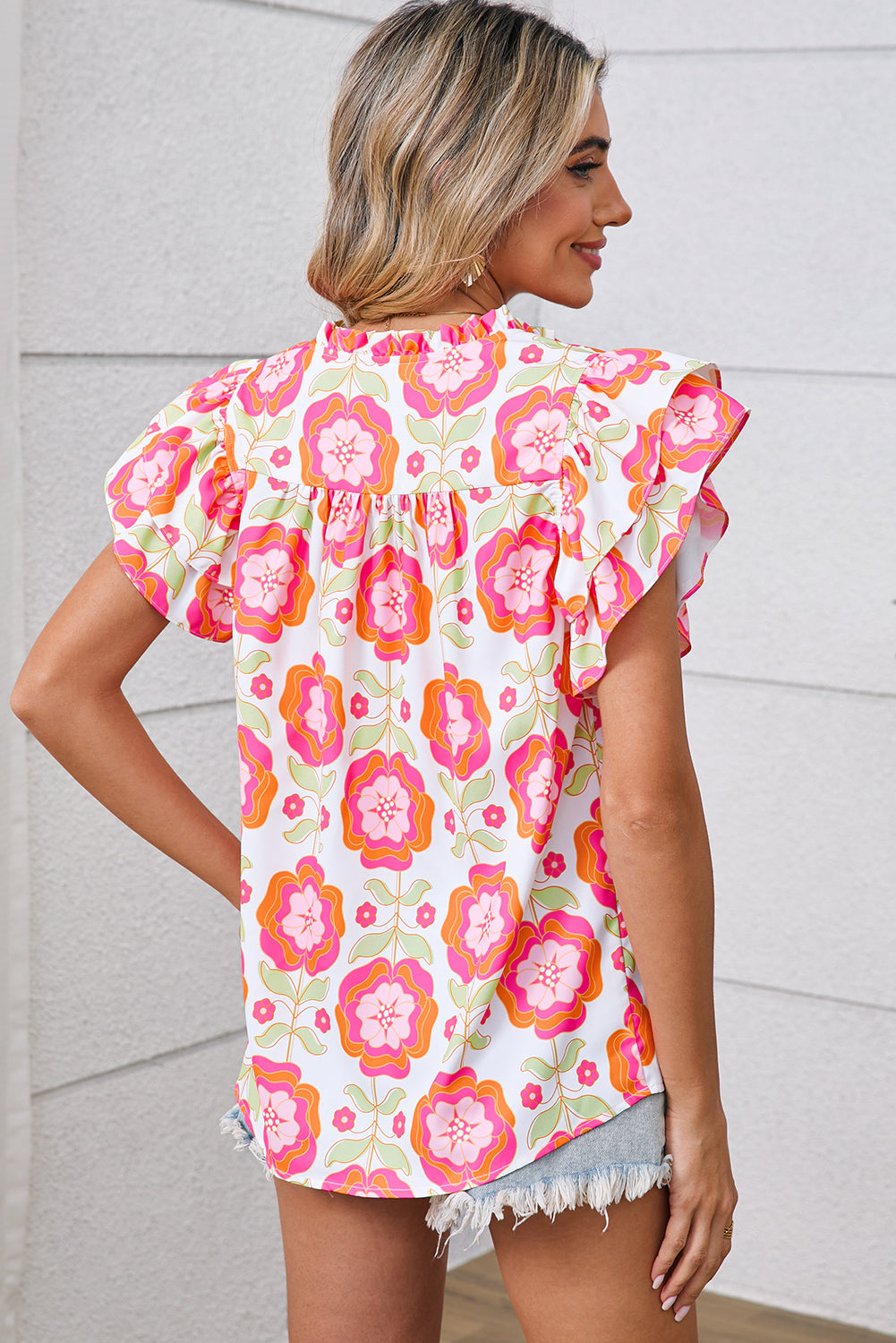 Rose Boho Floral Print Ricrac Ruffle Sleeve Blouse Shewin