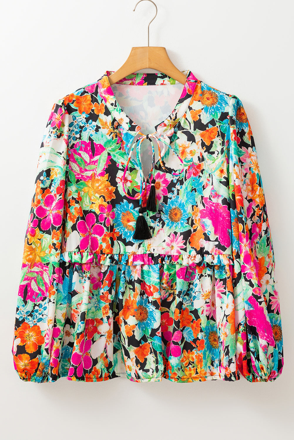 Multicolour Boho Floral V Neck Lantern Sleeve Blouse Shewin