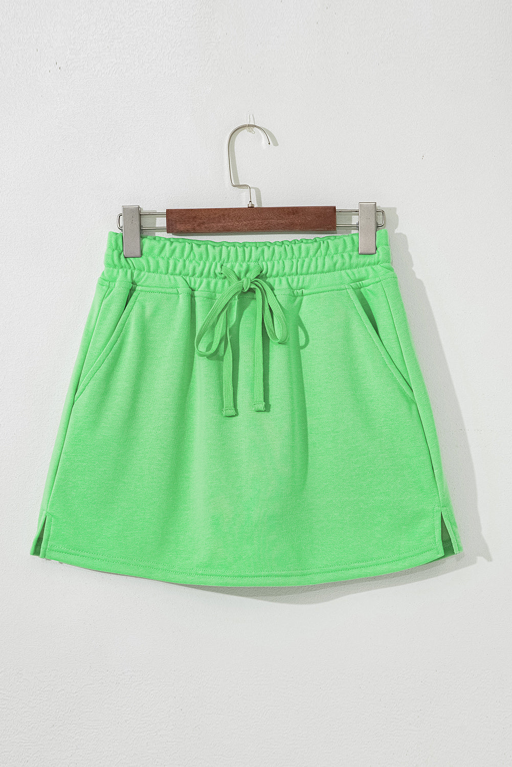 Light Green French Terry Drawstring Mini Skort with Pockets Shewin