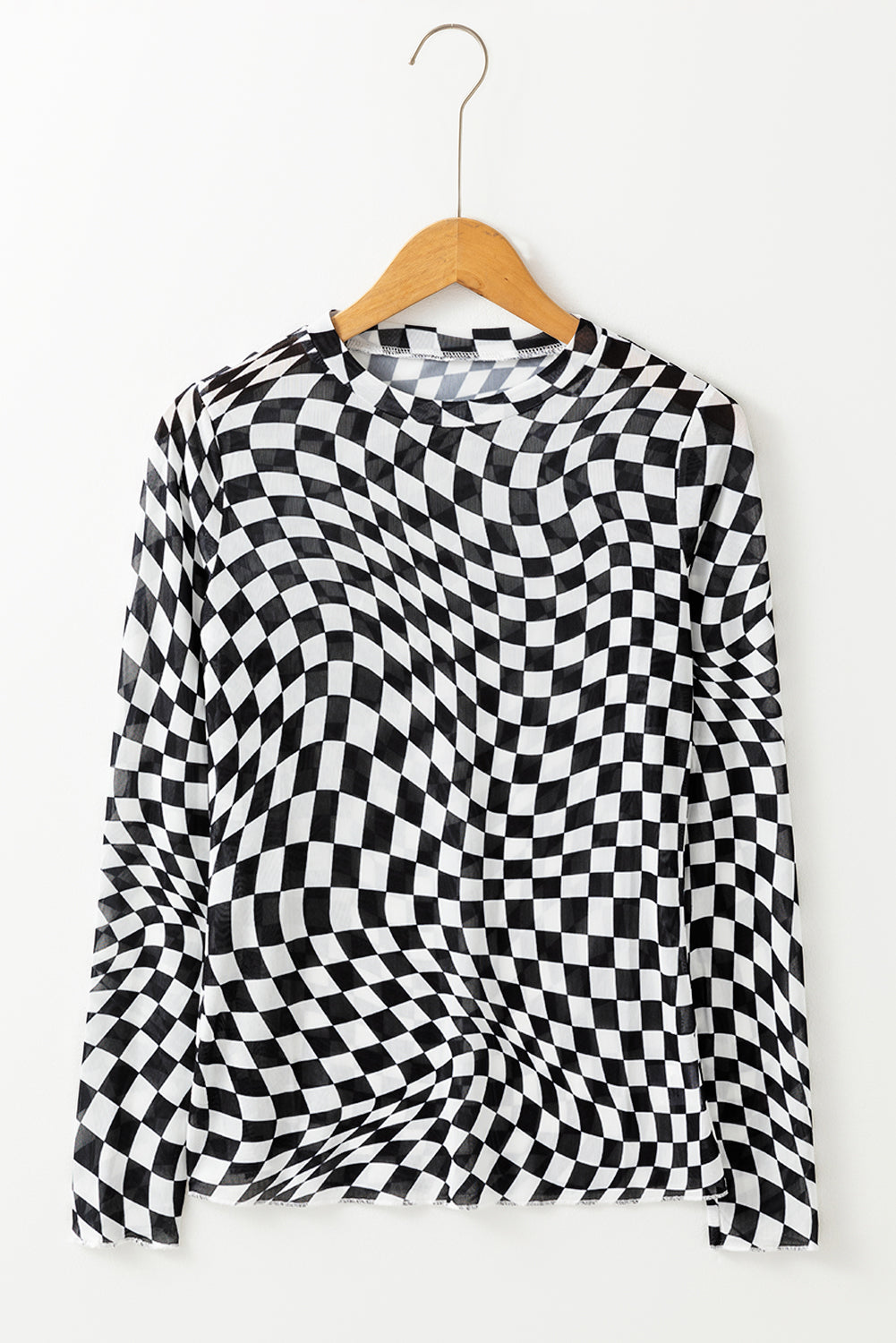 Black Checkered Pattern Mesh Long Sleeve Top Shewin