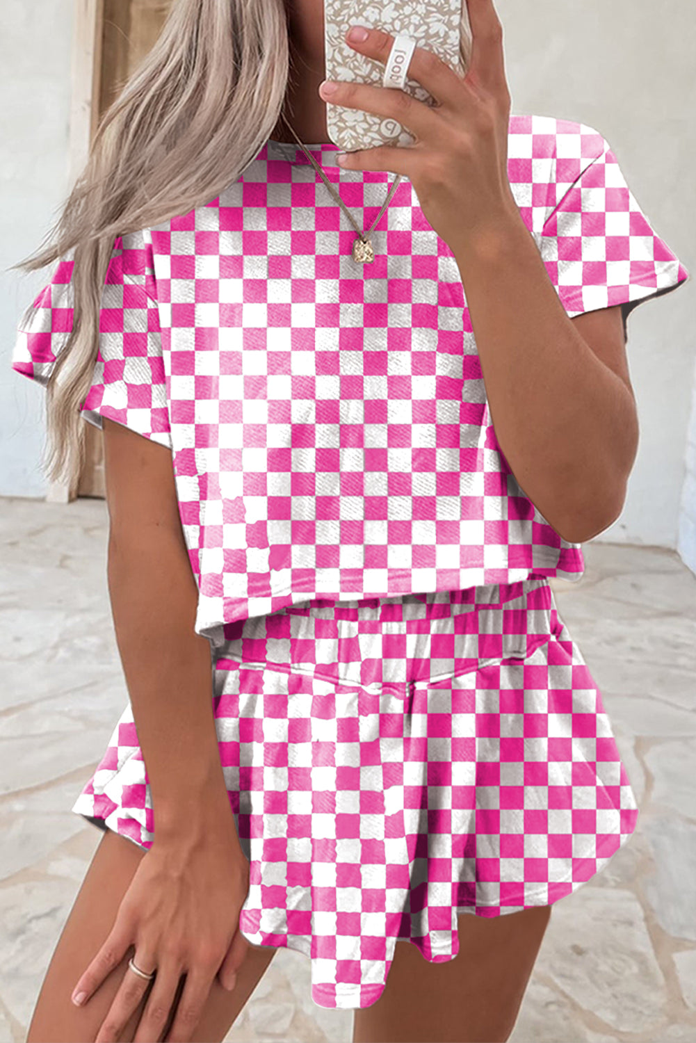 Pink Checkerboard T Shirt and High Waist Skorts Set Shewin