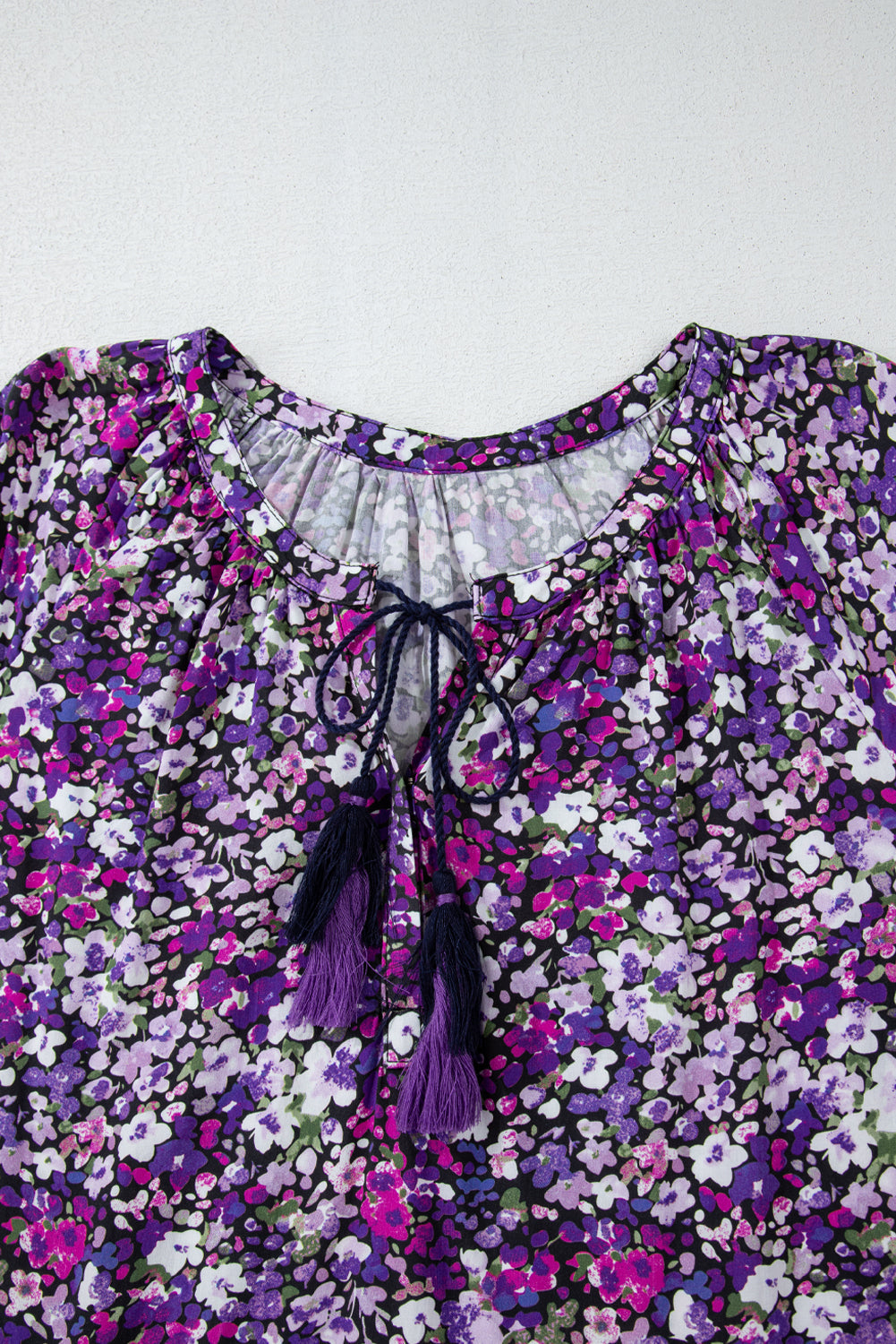 Purple Boho Ditsy Floral Split V Neck Bubble Sleeve Blouse Shewin