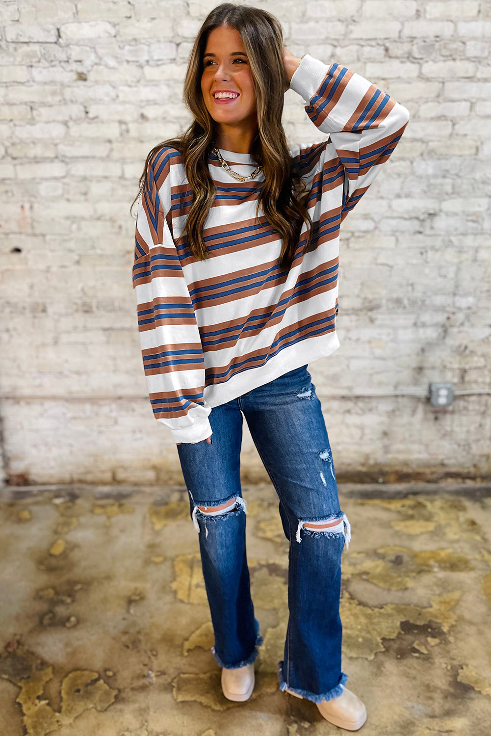 Brown Stripe Crew Neck Drop Shoulder Pullover Sweatshirt Shewin