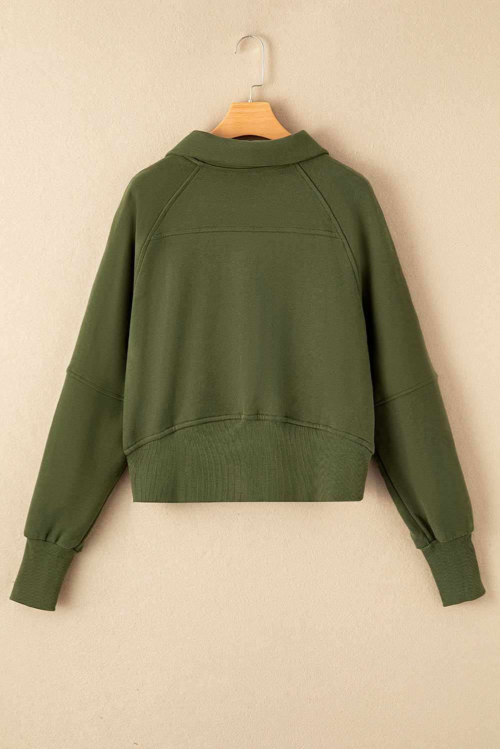 Green Zip Up Stand Collar Ribbed Thumbhole Sleeve Sweatshirt Shewin