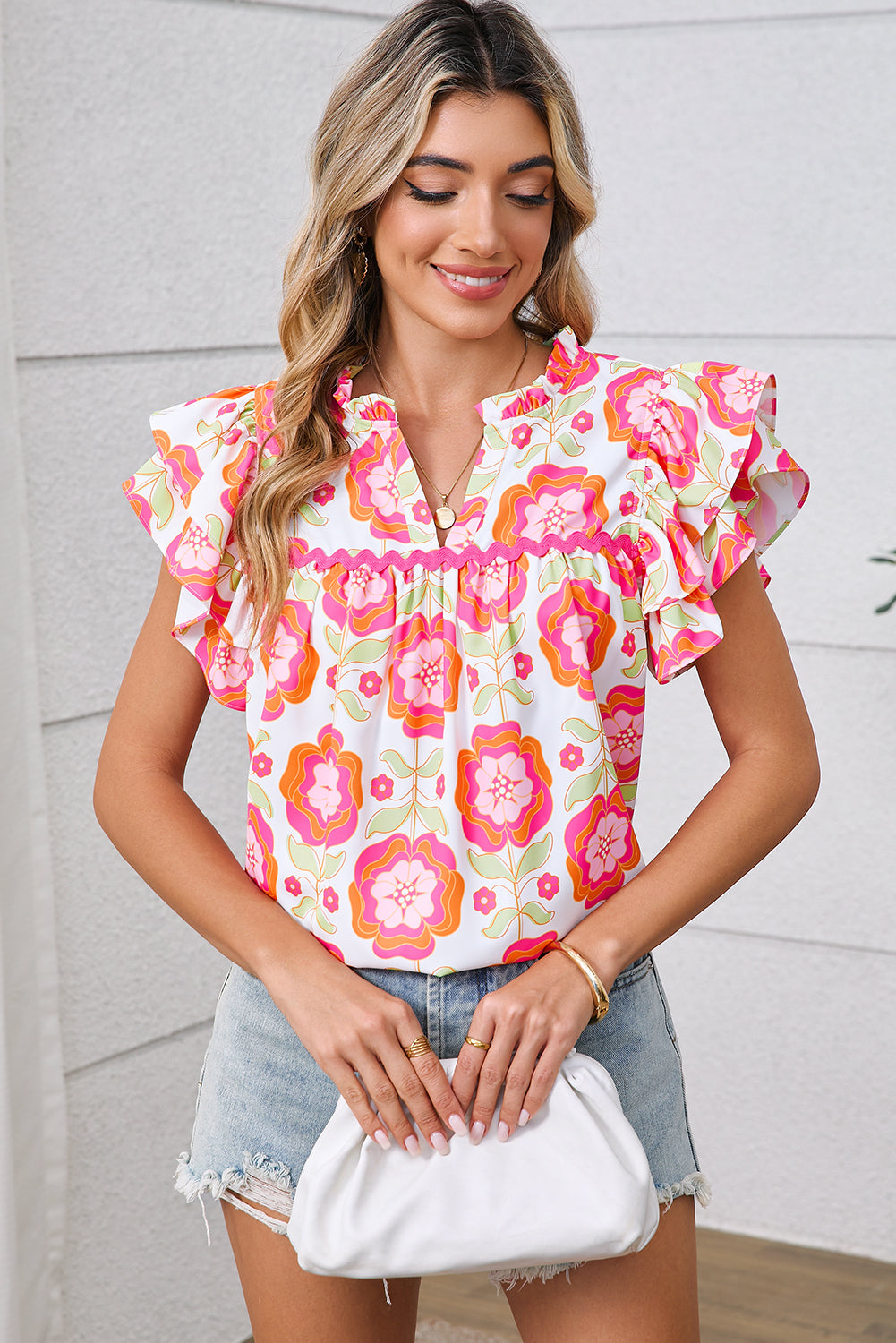 Rose Boho Floral Print Ricrac Ruffle Sleeve Blouse Shewin