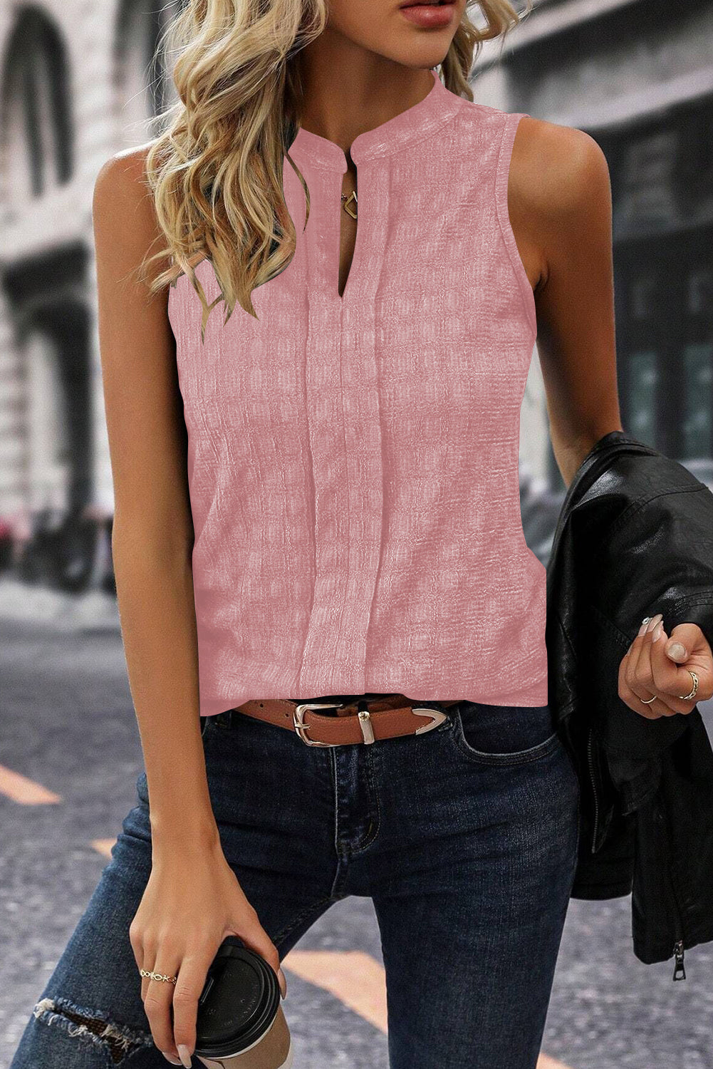 Pink Textured Split V Neck Sleeveless Shirt Shewin