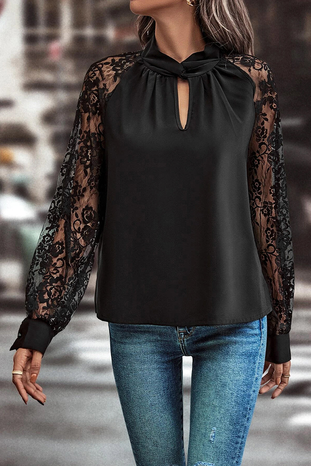 Black Keyhole Neckline Lace Splicing Raglan Sleeve Blouse Shewin