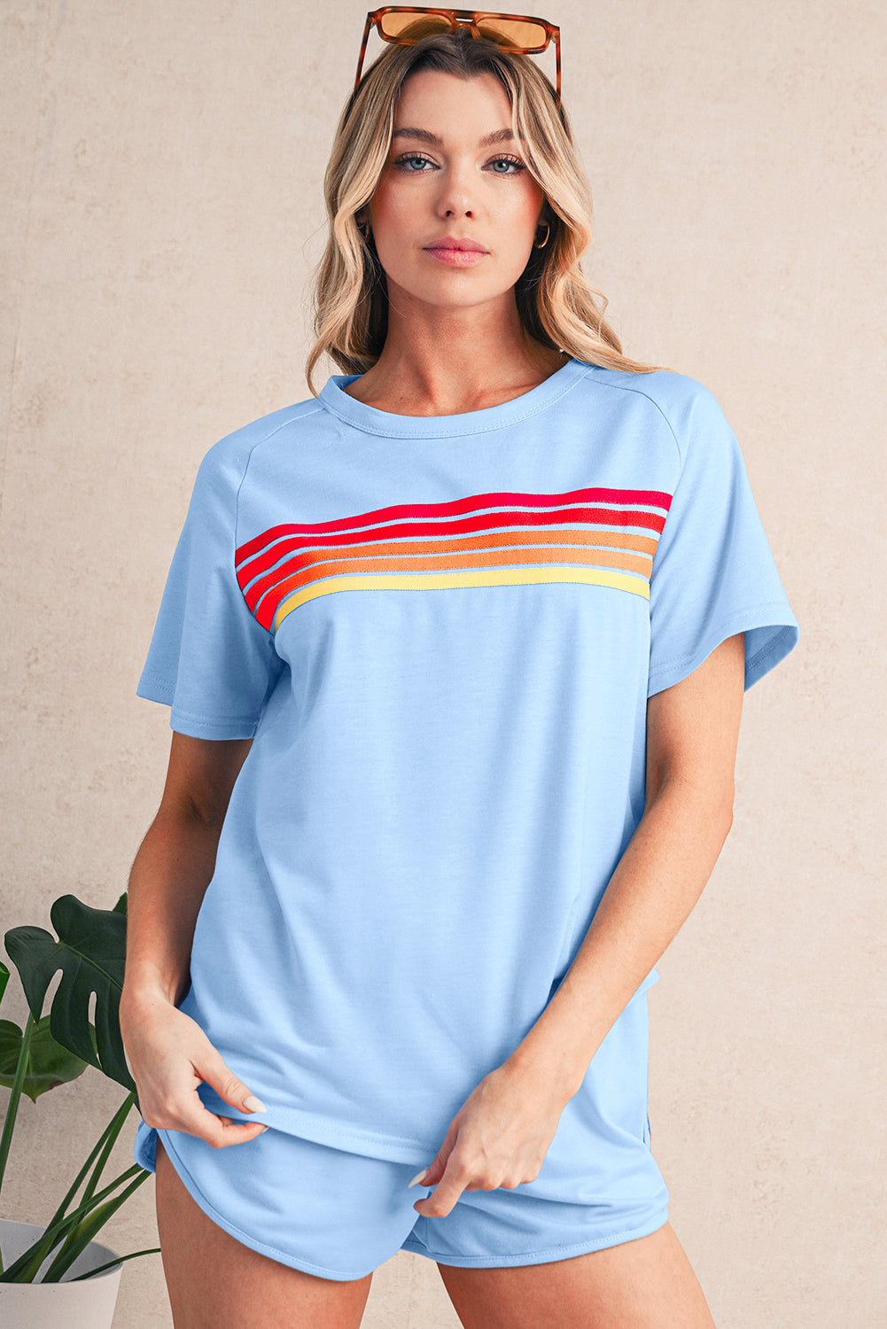 Beau Blue Colorful Striped Casual Tee Shewin